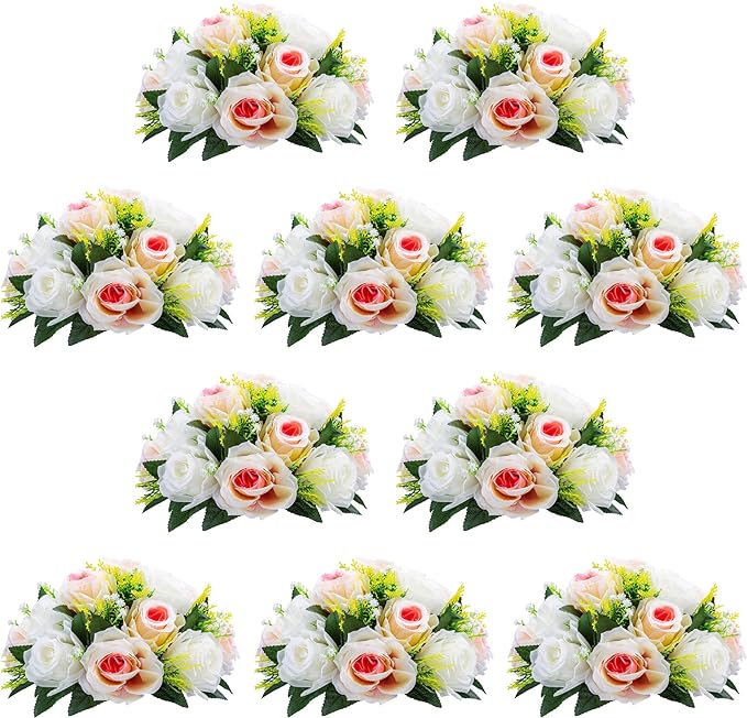 NUPTIO Pcs of 10 Fake Flower Ball Arrangement Bouquet,15 Heads Plastic Roses with Base, Suitable for Our Store's Wedding Centerpiece Flower Balls for Centerpieces Home Décor (Pink Champagne & White)