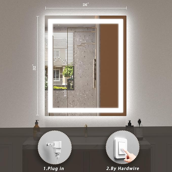 26x32 LED Mirror for Bathroom, Lighted Vanity Mirror for Wall, Dimmable, Anti-Fog, Shatter-Proof, ETL Listed (Front Lights + Backlit)