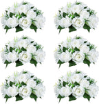 NUPTIO Pcs of 6 Fake Flower Ball Arrangement Bouquet,15 Heads Plastic Roses with Base, Suitable for Our Store's Wedding Centerpiece Flower Rack for Parties Valentine's Day Home Décor (Pure White)