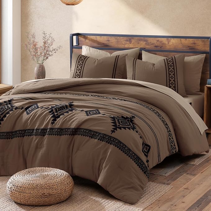 MaiRêve Embroidery Queen Size Comforter Set Brown, Boho Farmhouse Western Bedding Set 7 Pieces, All Season Bed in A Bag Comforter Set with Sheets, Pillowcases & Shams