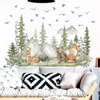 Giant Watercolor Mountain Forest Tree Wall Stickers, Sunoyar DIY Woodland Pine Wall Decal for Kids Boys, Jungle Wild Animal Fox Deer Bear Mural Decor for Nursery Bedroom Living Room Playroom (Green)