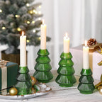 Leinuosen 4 Pcs Christmas Tree Candle Holder Green Glass Candlestick Holder for Taper Candle Stand Modern Green Candlestick for Christmas Holiday Table Centerpiece Mantel Home Room Party Decor Gift