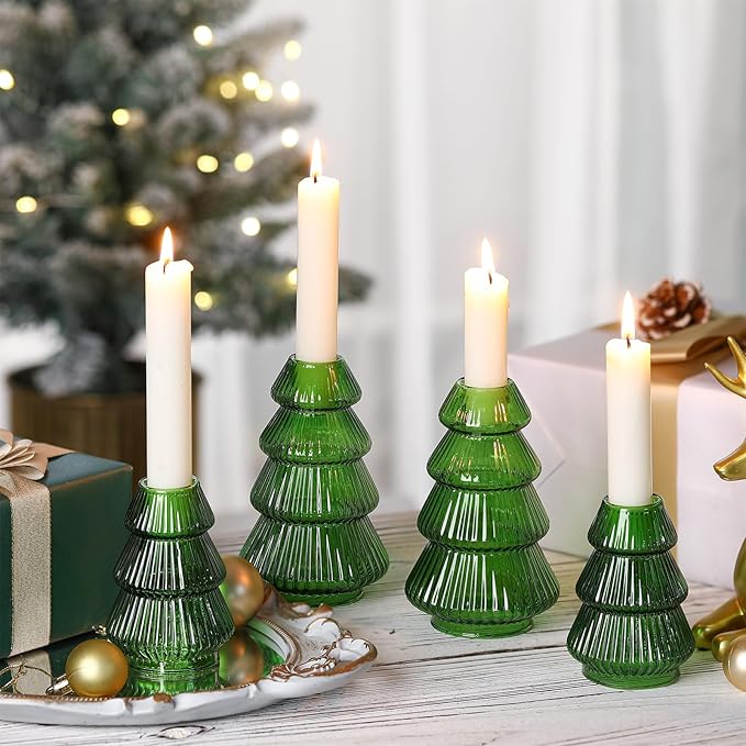 Leinuosen 4 Pcs Christmas Tree Candle Holder Green Glass Candlestick Holder for Taper Candle Stand Modern Green Candlestick for Christmas Holiday Table Centerpiece Mantel Home Room Party Decor Gift