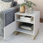 Nathan James Mina Side, End or Accent Table in a Matte White Finish & Brass Gold Legs with Natural Rattan Storage Door for Living Room or Nightstand for Bedroom, White/Gold, Set of 2