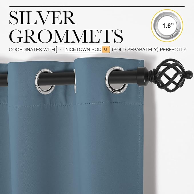 NICETOWN Room Darkening Curtains for Kitchen, Smoky Blue, Set of 2, 42 inches Wide by 50 inches Long, Window Treatment Thermal Insulated Solid Grommet Room Darkening Curtains/Drapes for Bedroom