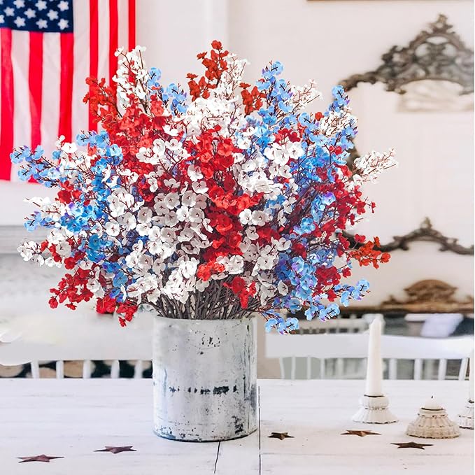 Uieke 6Pcs 4th of July Artificial Flowers Fake Patriotic Babys Breath Flowers for Independence Day Decor Blue White Red Silk Flowers for Memorial Day Floral Arrangement Home