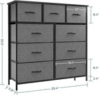 OLIXIS Dresser for Bedroom, 9 Storage Drawers, Tall Large Fabric Storage Tower Organizer, Chest of Drawers with Metal Frame Wooden Top for Nursery, Closet, Living Room, Entryway, Classic Grey