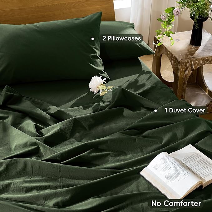 MooMee Bedding Duvet Cover Set 100% Washed Cotton Linen Like Textured Breathable Durable Soft Comfy (Solid Forest Green, Super King Plus 120"x120")