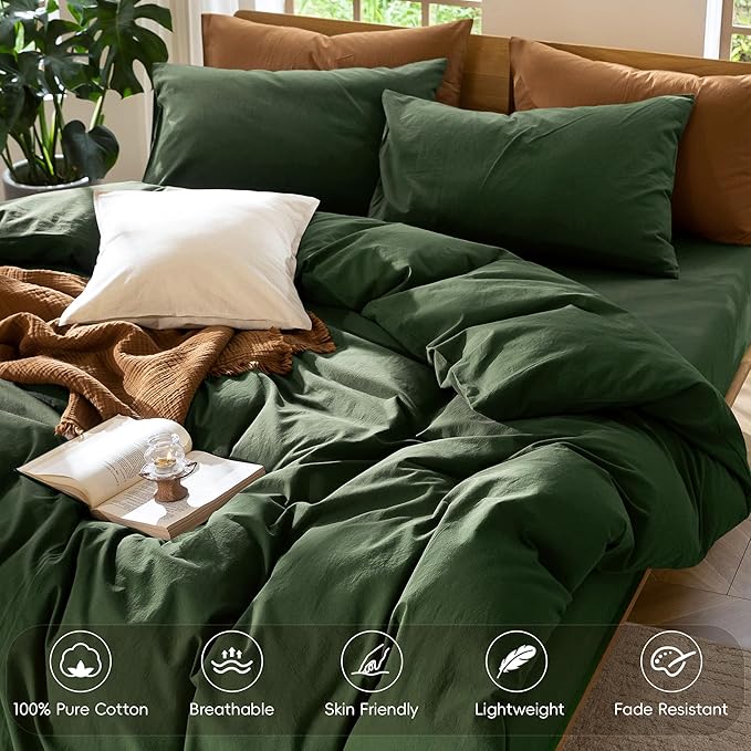 MooMee Bedding Duvet Cover Set 100% Washed Cotton Linen Like Textured Breathable Durable Soft Comfy (Solid Forest Green, Full 80"x90")