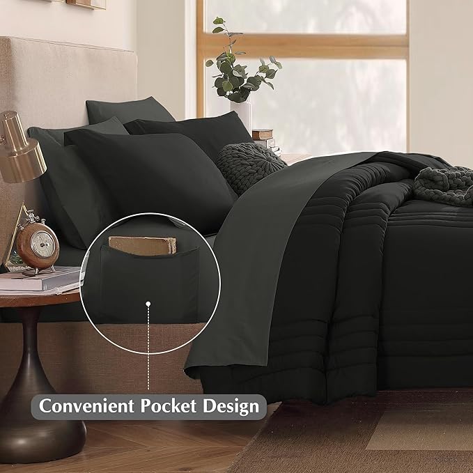 Monbix Full Comforter Set - 7 Pieces Black Bed in a Bag Full Size Bedding Sets with Comforters, All Seasons Down Alternative Comforter with Sheets,Pillowcases & Shams