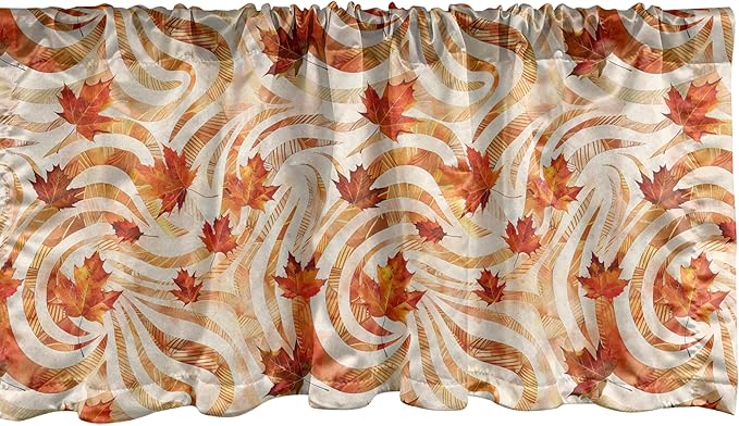 Ambesonne Fall Window Valance, Autumnal Theme with Swirly Intricate Shapes and Flying Leaves Print, Curtain Valance for Kitchen Bedroom Decor with Rod Pocket, 54" X 18", Ginger Marigold and Beige