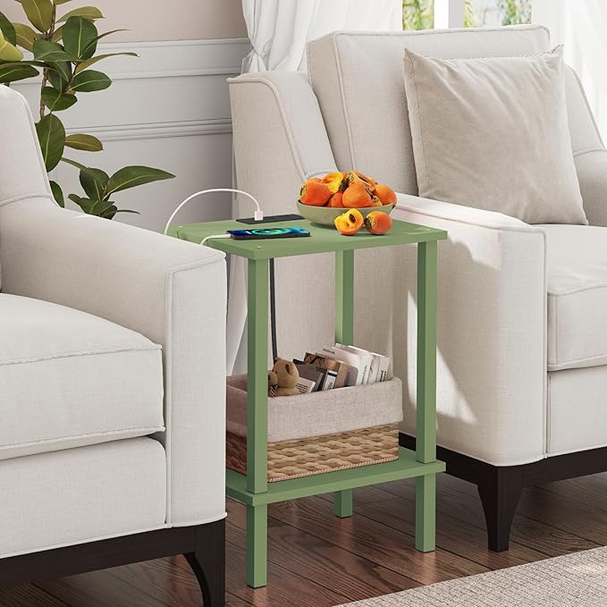 TUTOTAK End Table with Charging Station, Set of 2, Small Side Table with Outlets, Nightstand Bedside Table, 2-Tier Storage Shelf for Small Space, Living Room, Bedroom Olive Green TB01BOG041