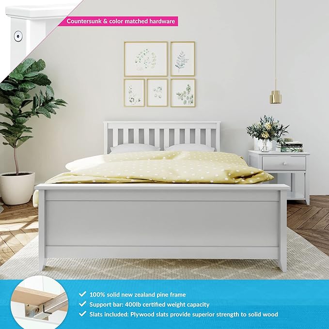 Max & Lily Full Size Bed Frame with Slatted Headboard, Solid Wood Platform Bed for Kids, No Box Spring Needed, Easy Assembly, White