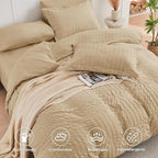 HYMOKEGE Khaki Full Size Comforter Sets Seersucker 7 Pieces, All Season Luxury Bed in a Bag for Bedroom, Bedding Set with Comforter, Sheets, Pillowcases & Shams