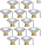 12-Pack Crystal Glass Cabinet Knobs for Home Decor, Vanity Drawers, Desks, Wardrobe Doors, Standard Screws Easy Installation for Home Refurbishment and Redecoration (Clear Crystal, 40mm, Gold Base)
