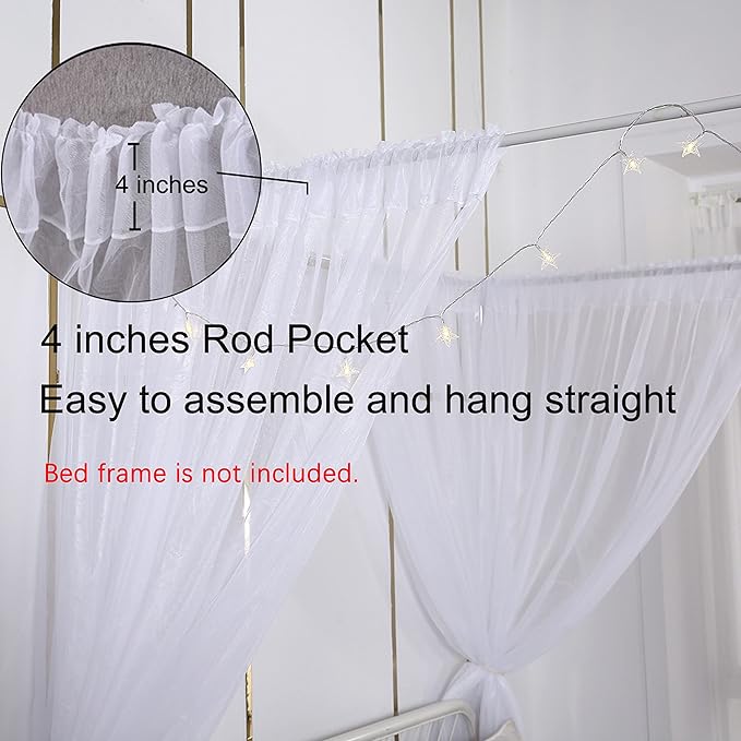 Akiky Princess Canopy Bed Curtains Set Sheer Curtain for Twin Full Queen Size Bed Drapes,8 Panels Canopies with Light,Room Décor(Twin, White)