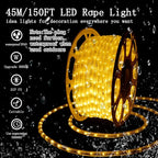 SURNIE 150FT LED Rope Lights Outdoor: Waterproof Flexible 110V 3000K Warm White LED String Light - Cuttable Connectable Clear Lighting Tube for Indoor Stairs Patio Garden Party Decor, Not Flat Strip