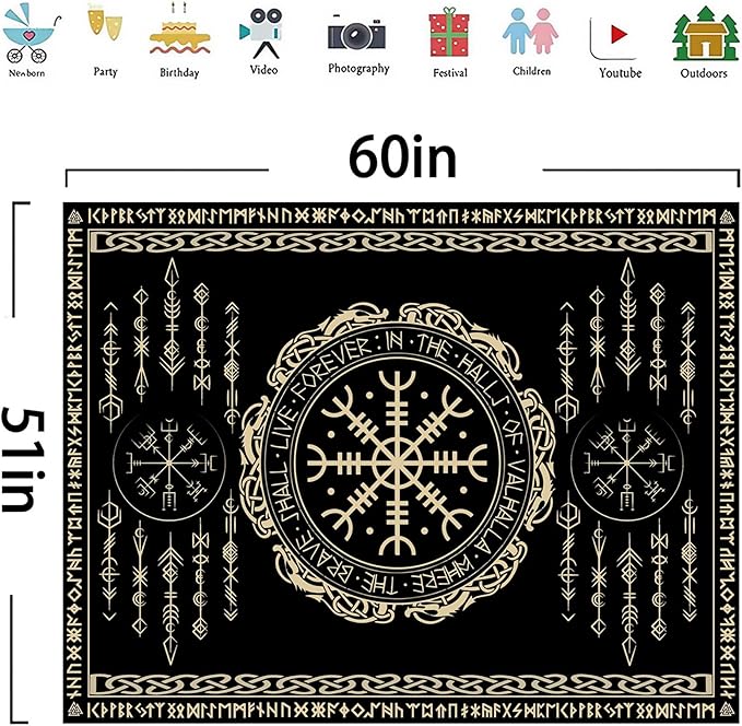 OSUNBD Nordic Vikings Tapestry Small 60x51inches Soft Flannel Vegvsir Symbol Amulet Celtic Rune Scandinavian Aesthetic Mythology Tapestry Wall Hanging for Bedroom Living Room Decor