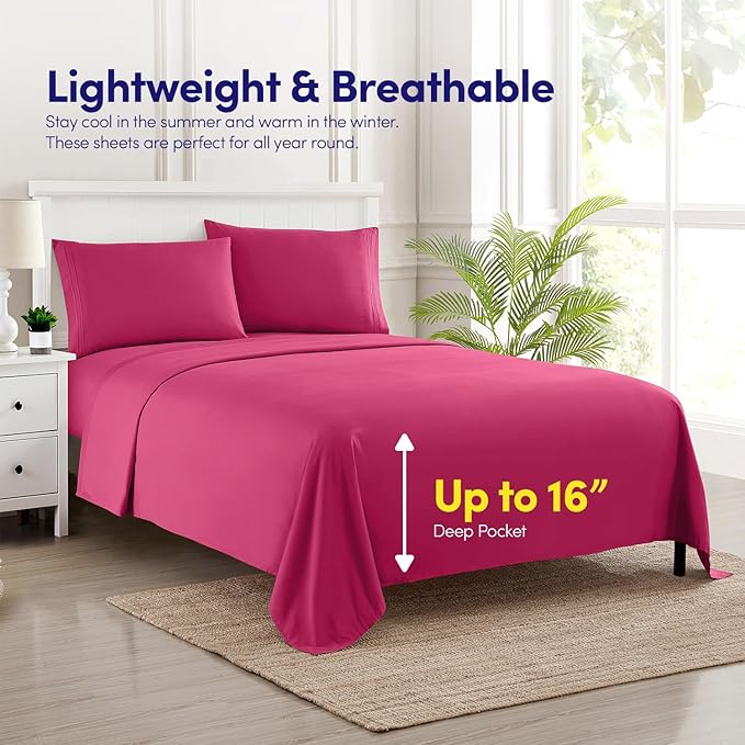 Sweet Home Collection Twin XL Size Sheet Set with Built-in Sheet Straps - Deep Pocket Fitted Sheet, Flat Sheet & Pillowcases - Soft, Wrinkle-Free, Secure Fit - Fuschia