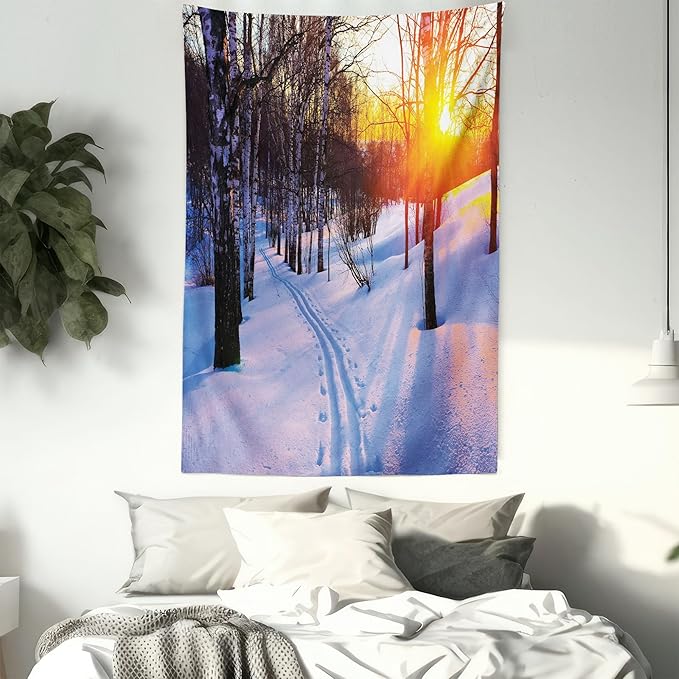 Ambesonne Nature Tapestry, Sunset in a Winter Park Russia Sun Rays Through Trees Pathway to Forest, Wall Hanging for Bedroom Living Room Dorm Decor, 40" X 60", Amber Brown