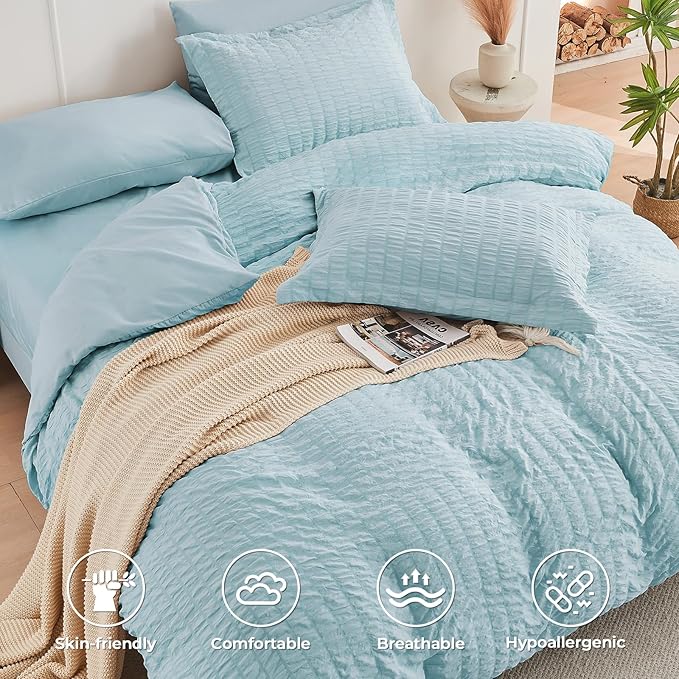 HYMOKEGE Lake Blue Twin Comforter Set Seersucker 5 Pieces, All Season Luxury Bed in a Bag for Bedroom, Bedding Set with Comforters, Sheets, Pillowcase & Shams