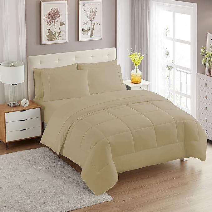 Sweet Home Collection 7 Piece Comforter Set Bag Solid Color All Season Soft Down Alternative Blanket & Luxurious Microfiber Bed Sheets, Taupe, Queen