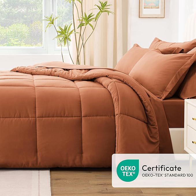 Love's cabin Twin XL Comforter Set Burnt Orange, 5 Pieces Twin XL Bed in a Bag, All Season Bedding Sets with 1 Comforter, 1 Flat Sheet, 1 Fitted Sheet, 1 Pillowcase and 1 Pillow Sham