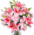 Hotop 20 Pcs Artificial Flowers Velvet Realistic Roses and Latex Lilies Flowers Bouquet Decorations Arrangements for Home Table Centerpieces Independence Day(Pink)
