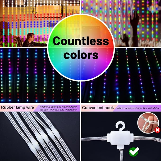 HXWEIYE 300LED Fairy Curtain Lights, 9.8x9.8Ft USB Plug-in 8 Modes Christmas String Hanging Lights with Remote for Bedroom Backdrop Wedding Party Indoor Wall Decor, RGB Color Changing, Standard