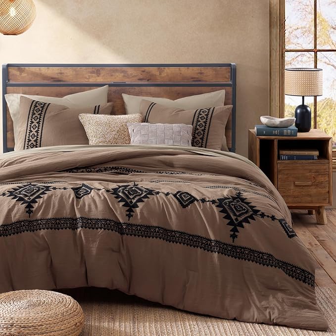 MaiRêve Embroidery King Size Comforter Set Brown, Boho Farmhouse Western Bedding Set 7 Pieces, All Season Bed in A Bag Comforter Set with Sheets, Pillowcases & Shams