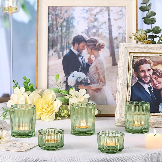 20pcs Ribbed Green Votive Candle Holders, Assorted Tea Light Candle Holder Glass for Wedding Table Decor, Green Candle Holders for Table Centerpieces, Brithday and Tea Party Decorations