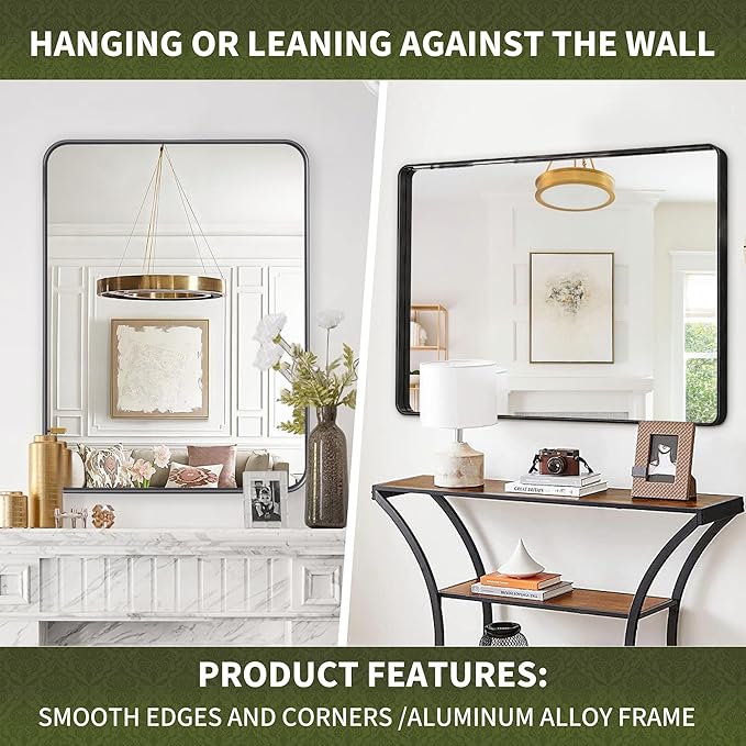 Suidia Bathroom Mirror, 30" x 40" Wall Mirror Metal Framed, Bathroom Vanity Mirror for Living Room Bedroom Bathroom Entryway, Black, Rounded Corner Style