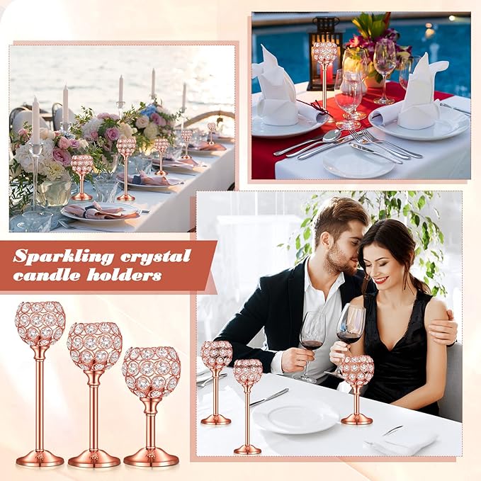 Qunclay 18 Pieces Crystal Candle Holders Bulk Candle Stick Holder Centerpieces for Table Wedding Centerpieces Crystal Decorative Tealight Dining Table Decor for Party(Rose Gold)