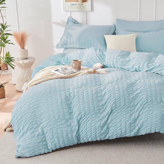 HYMOKEGE Lake Blue Queen Comforter Set Seersucker 7 Pieces, All Season Luxury Bed in a Bag for Bedroom, Bedding Set with Comforters, Sheets, Pillowcases & Shams