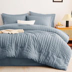 CozyLux Grayish Blue King Size Comforter Set Seersucker 7 Pieces Dusty Blue Bed in a Bag King Comforter Set with Sheets, Luxury Bedding Set with Down Alternative Comforter, Sheets, Pillowcases & Shams