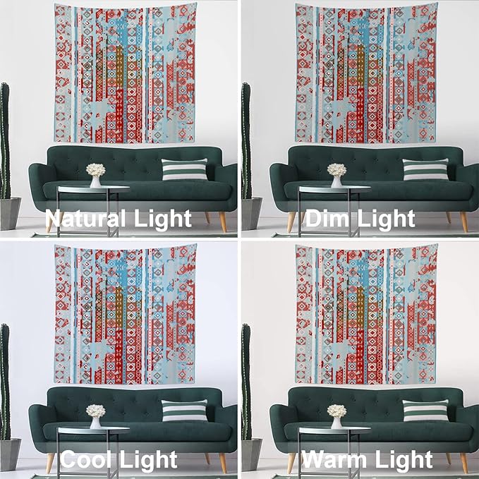 Batmerry Blue Grey Boho Garbage Tapestry, Red Wall Art Hanging Decoration Polyester Fiber White Ruffled Around for Dorm Room Bedroom Living Room, 59.1x59.1 inches
