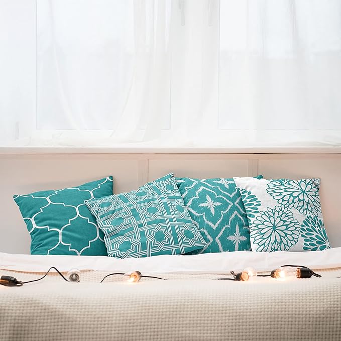 Ambesonne Vintage Throw Pillow Cushion Case Pack of 4, Monochrome Design Grid Trellis Quatrefoil Mesh and Dahlia Flowers Modern Print, Modern Accent Double-Sided Digital Printing, 20", Teal and White