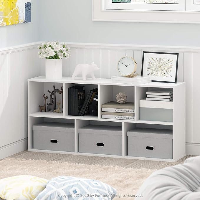 Furinno LUDER Book Shelf, 7-Cube Bookshelf, Bookcase, 9.4" x 19.5" x 41.7", for Living Room, Bedroom, Home Office, White