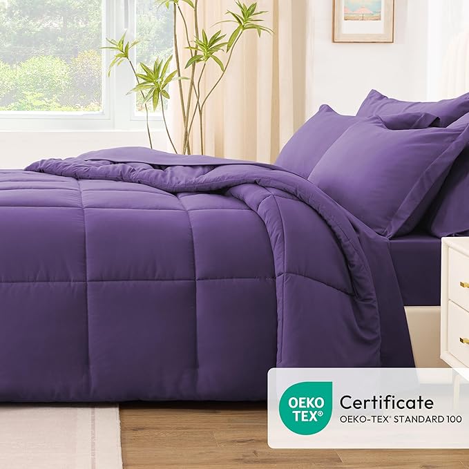 Love's cabin Twin XL Comforter Set Dark Purple, 5 Pieces Twin XL Bed in a Bag, All Season Bedding Sets with 1 Comforter, 1 Flat Sheet, 1 Fitted Sheet, 1 Pillowcase and 1 Pillow Sham
