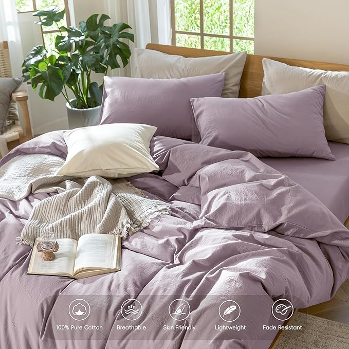 MooMee Bedding Duvet Cover Set 100% Washed Cotton Linen Like Textured Breathable Durable Soft Comfy (Solid Taro Purple, Oversized Queen 98"x98")