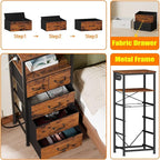 Furnulem Dresser for Bedroom, Tall Nightstand, Vertical Chest with Wood Top, Charging Station, LED Lights, 5 Fabric Bins, Bedside Table with Shelf, Furniture for Entryway (5 Drawer, Rustic Brown)