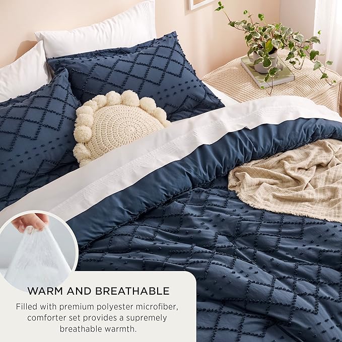 Bedsure Oversized Queen Comforter Set - Navy Blue Comforter, Boho Tufted Shabby Chic Bedding, 3 Pieces Vintage Farmhouse Bed Set for All Seasons, Fluffy Soft Bedding with 2 Pillow Shams