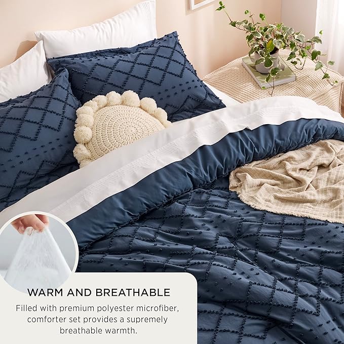 Bedsure King Comforter Set - Navy Blue Comforter, Boho Tufted Shabby Chic Bedding for Kids, 3 Pieces Vintage Farmhouse Bed Set for All Seasons, Fluffy Soft Bedding with 2 Pillow Shams