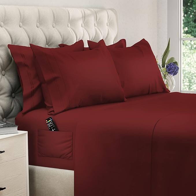 DREAMCARE Sheets Full Size Bed - Cooling Bed Sheets - 6pcs Set - Full Sheet Set - Full Size Sheets - Full Size Sheet Sets Soft & Long Lasting 100% Fine Brushed Polyester with Side Pocket - Burgundy