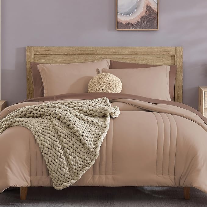 Monbix Twin XL Size Comforter Set - Extra Long 5 Pieces Dorm Bedding Sets, Quilting Design Fluffy Bed in a Bag Twin XL with Sheets, Pillowcase & Sham(Rust Pink)