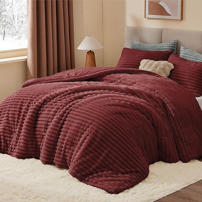 BEDELITE Fleece Twin Comforter Set -Super Soft & Warm Fluffy Burgundy Bedding, Luxury Fuzzy Heavy Bed Set for Winter with 1 Pillow case