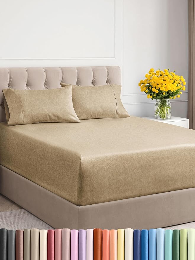 Extra Deep Twin XL Sheet Set - 4 Piece Breathable & Cooling Sheets - Hotel Luxury Bed Sheets Set - Easy Fit - Soft, Wrinkle Free & Comfy Sheets Set - Heathered Tan Sheet Set with Extra Deep Pockets