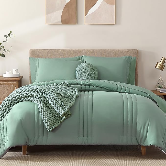 Monbix Queen Comforter Set - 7 Pieces Harbor Green Bed in a Bag Queen Bedding Sets with Comforters, All Seasons Down Alternative Comforter Bed Set with Sheets, Pillowcases & Shams