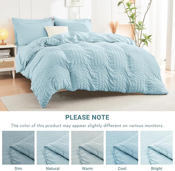 HYMOKEGE Lake Blue Twin Comforter Set Seersucker 5 Pieces, All Season Luxury Bed in a Bag for Bedroom, Bedding Set with Comforters, Sheets, Pillowcase & Shams
