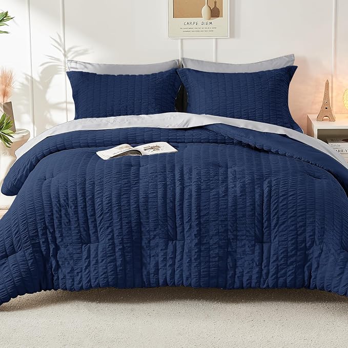 HYMOKEGE Navy Blue/Light Grey California King Comforter Set Seersucker 7 Pieces, All Season Luxury Bed in a Bag for Bedroom, Bedding Set with Comforter, Sheets, Pillowcases & Shams
